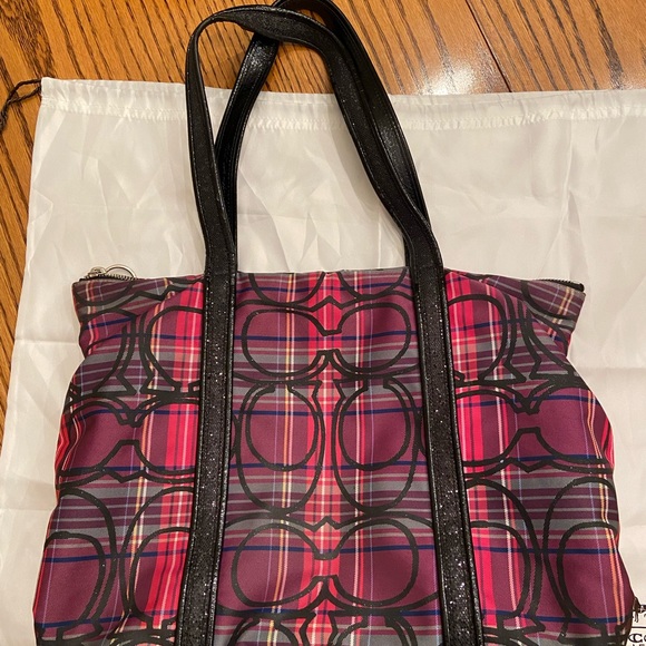 Coach Poppy tote bag, 16” by 12”, pink, purple, and black plaid. - Picture 2 of 6
